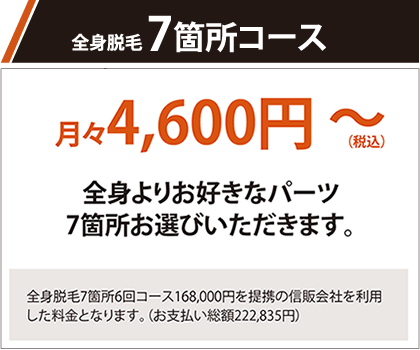 全身脱毛7箇所コース 月々4,600円～