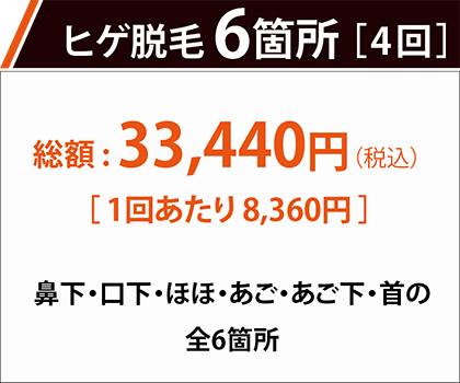 ヒゲ脱毛6箇所 1回あたり6,160円