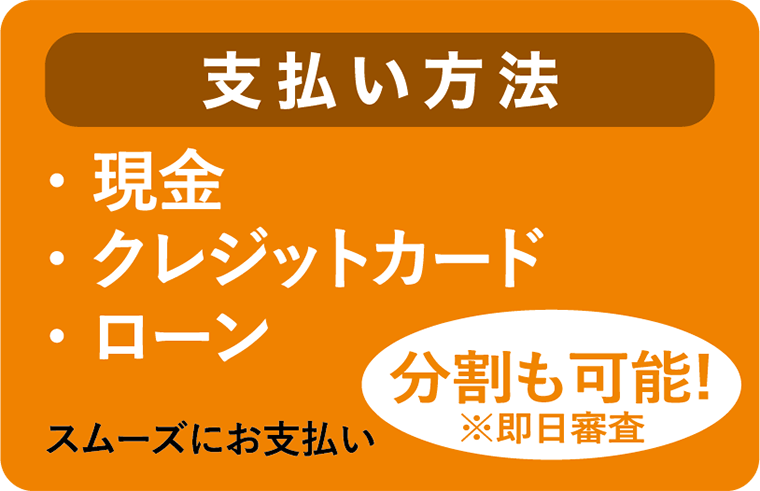 支払い方法（現金 / クレジットカード / ローン）分割も可能